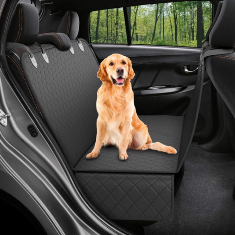 Golden retriever sitting on the Mesh View Car Seat Cover