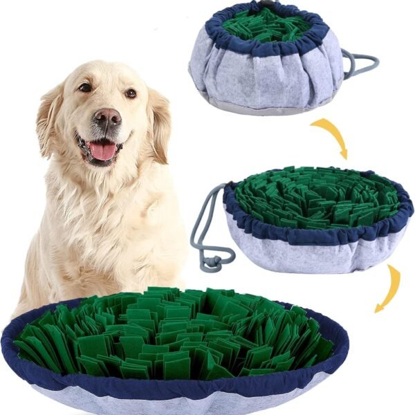 Adjustable Snuffle Mat in green, shown as a bowl and as a flat mat with a golden retriever