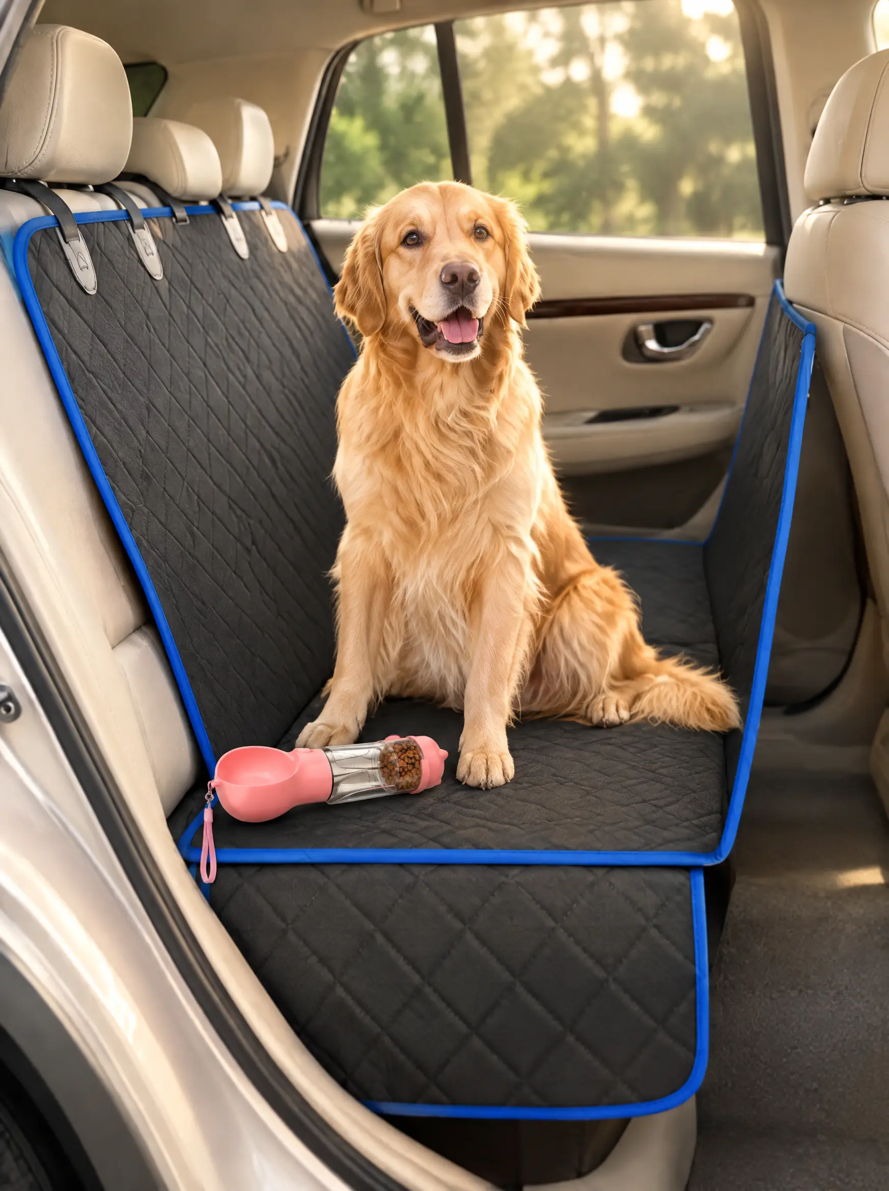 A golden retriever on the black car seat cover with the pink travel bottle beside it