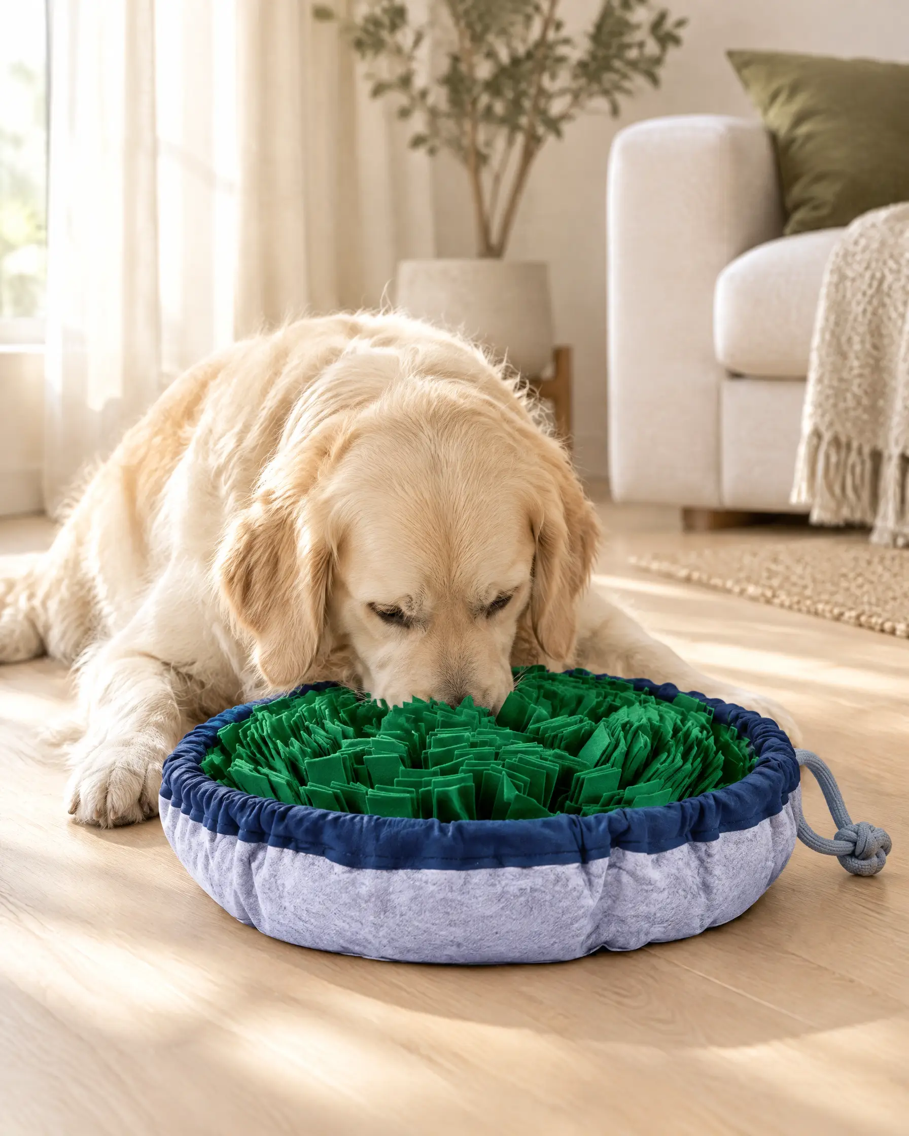 A golden retriever nose-deep in the Adjustable Snuffle Mat on an oak floor