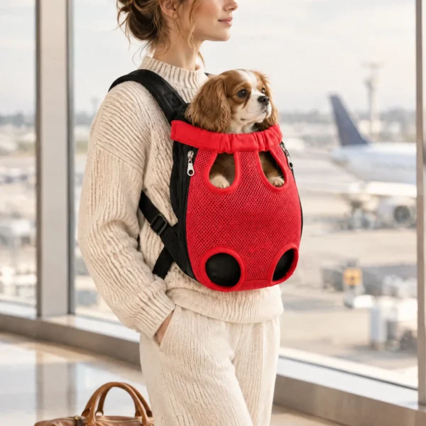 A traveller in an airport terminal wearing the red carrier backpack with a small dog inside