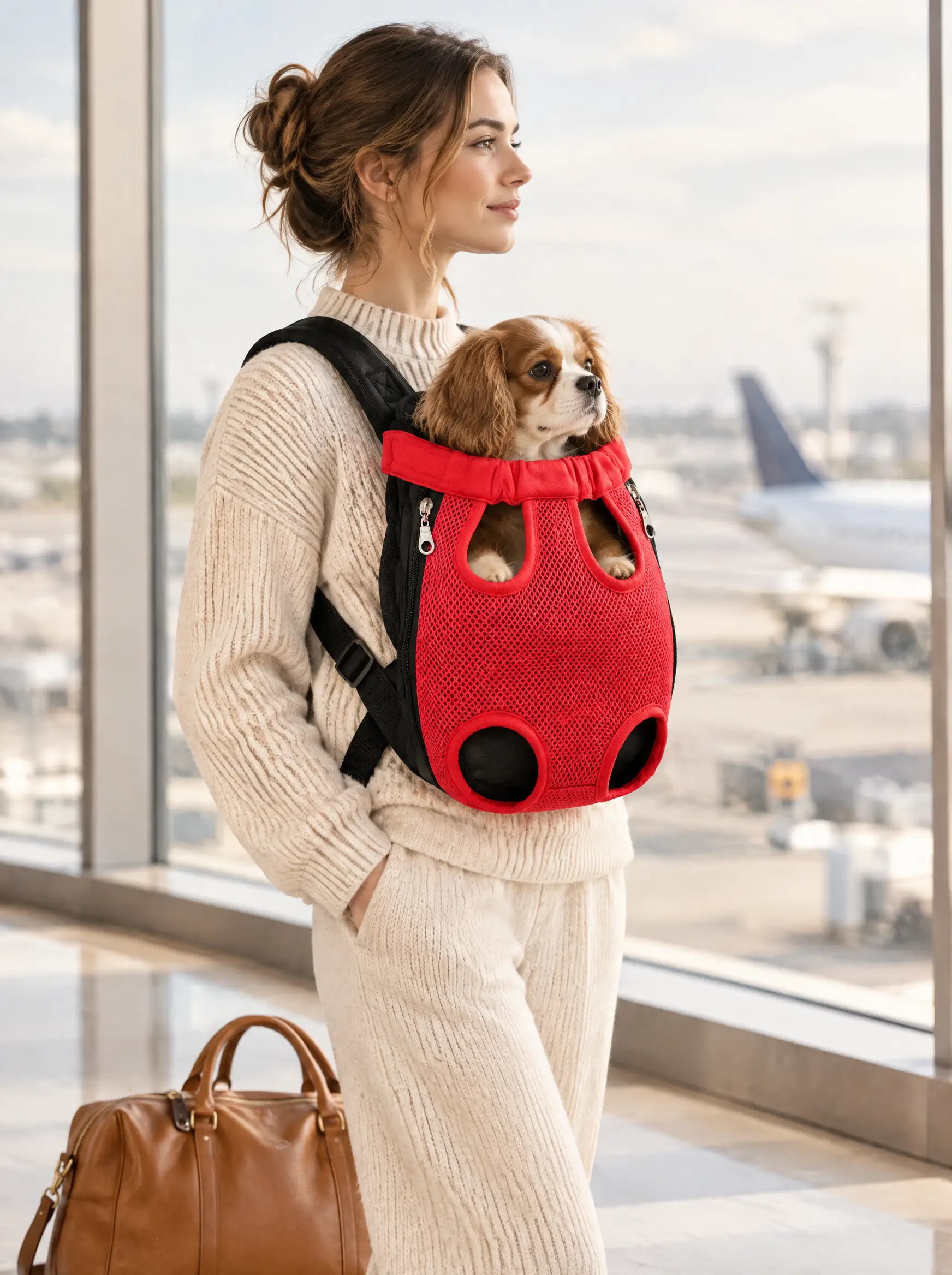 A traveller in an airport terminal wearing the red carrier backpack with a small dog inside