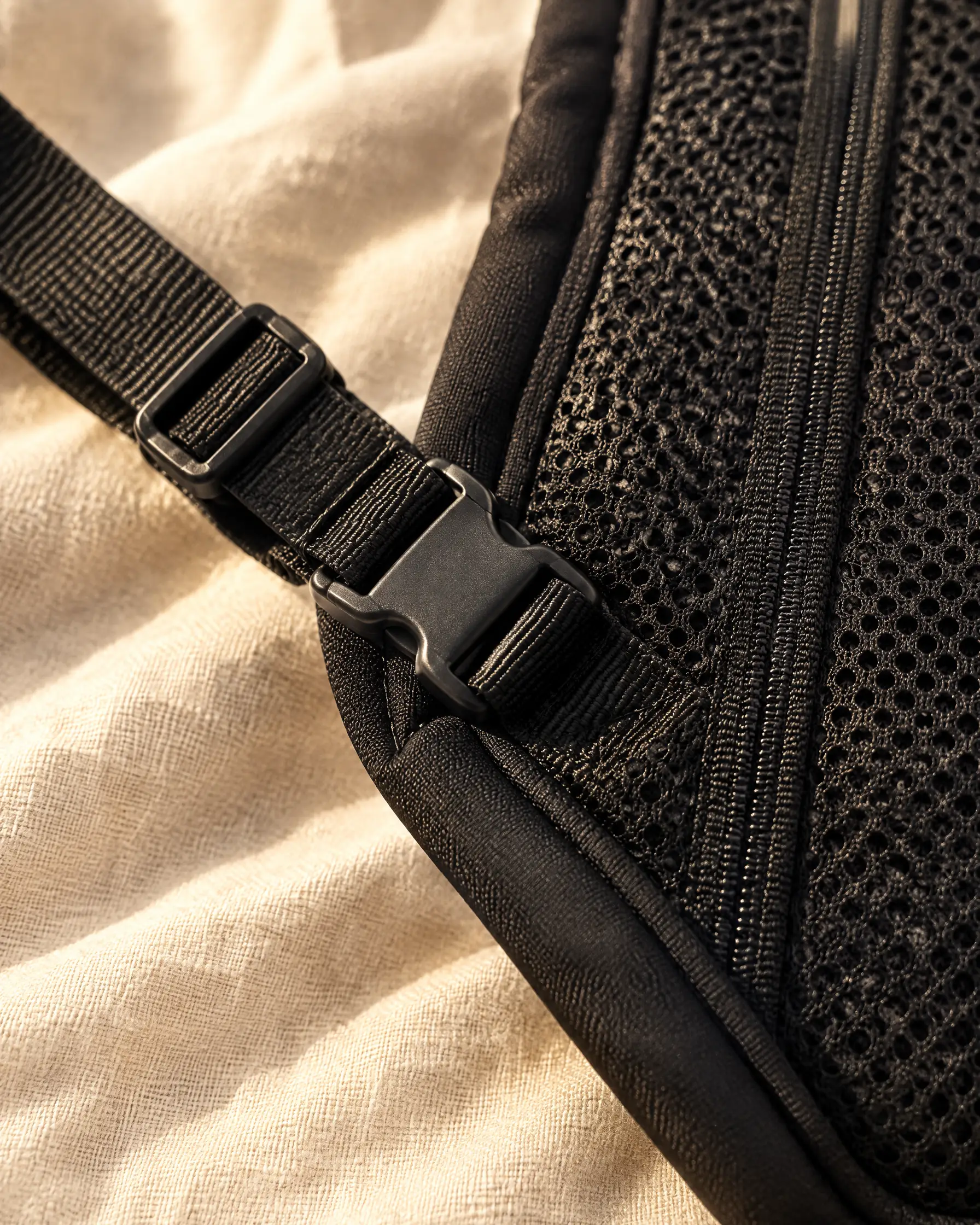 Close-up of the breathable mesh panel and adjustable buckle on a carrier backpack