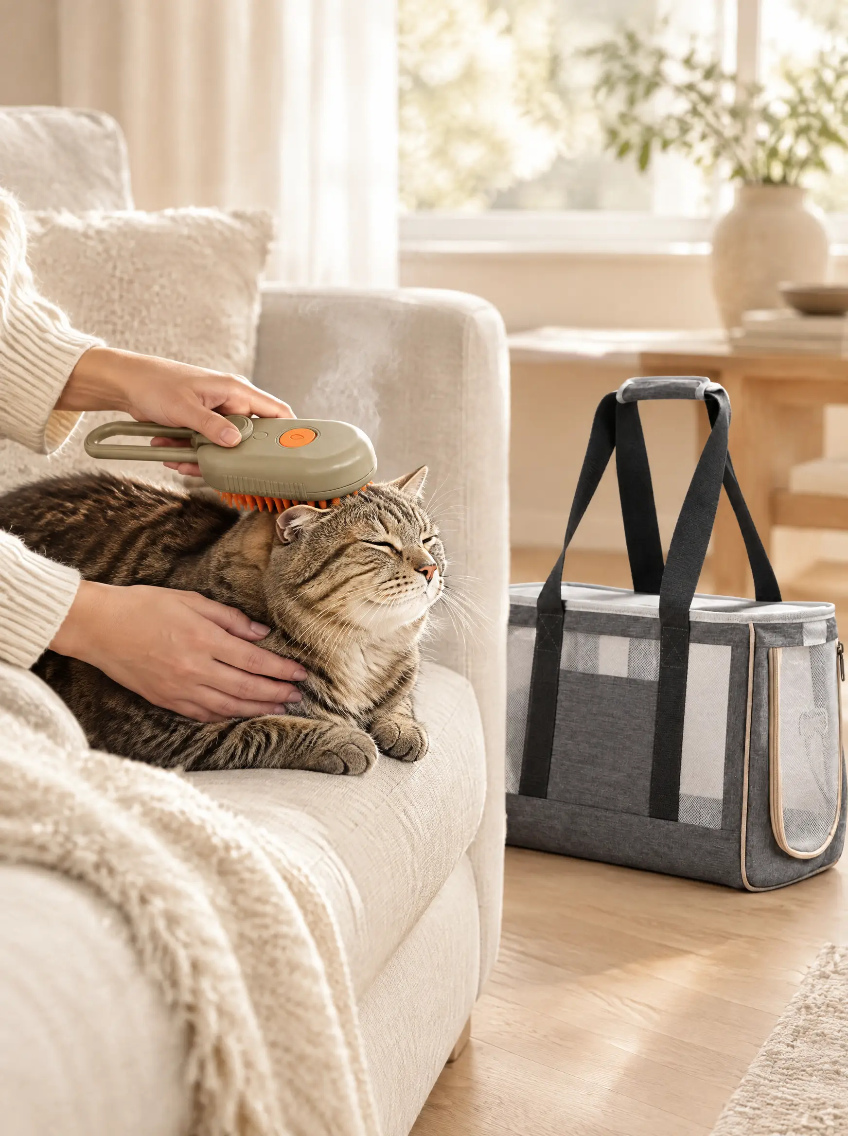A tabby cat being groomed with the steam brush on a linen sofa, grey tote carrier nearby