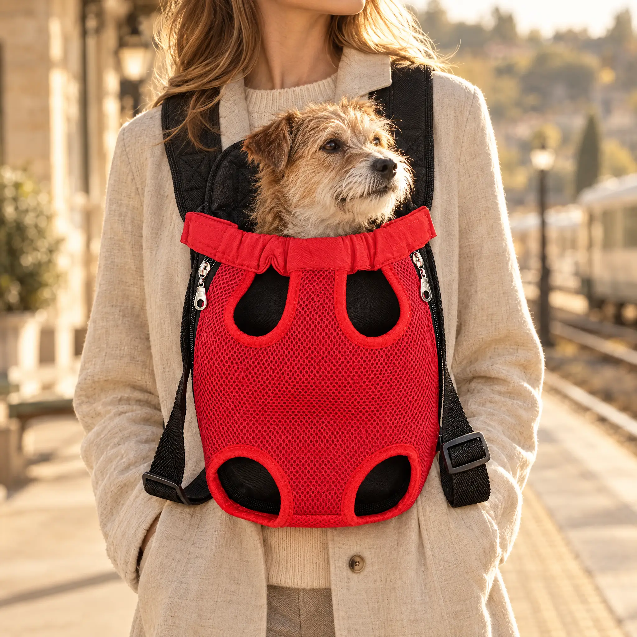 Woman wearing the red Calm Travel Carrier Backpack on her chest with a small dog looking out on a train platform