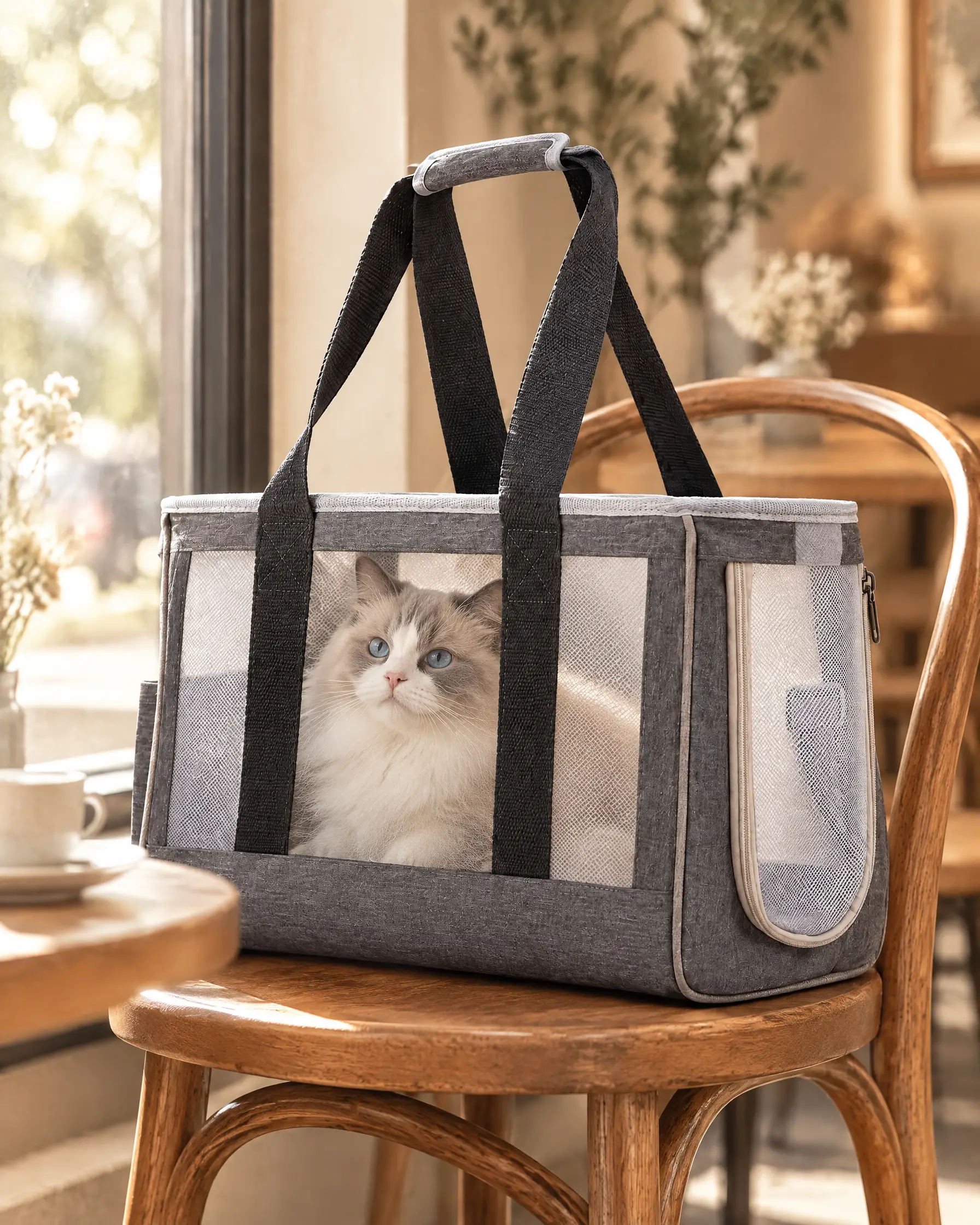 A ragdoll cat sitting in the grey Soft Handbag Carrier on a café chair