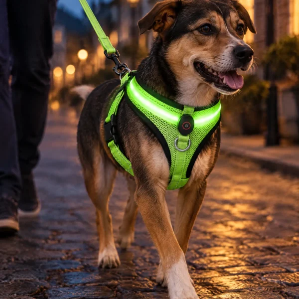 A dog in the glowing green LED harness on a cobbled street at dusk