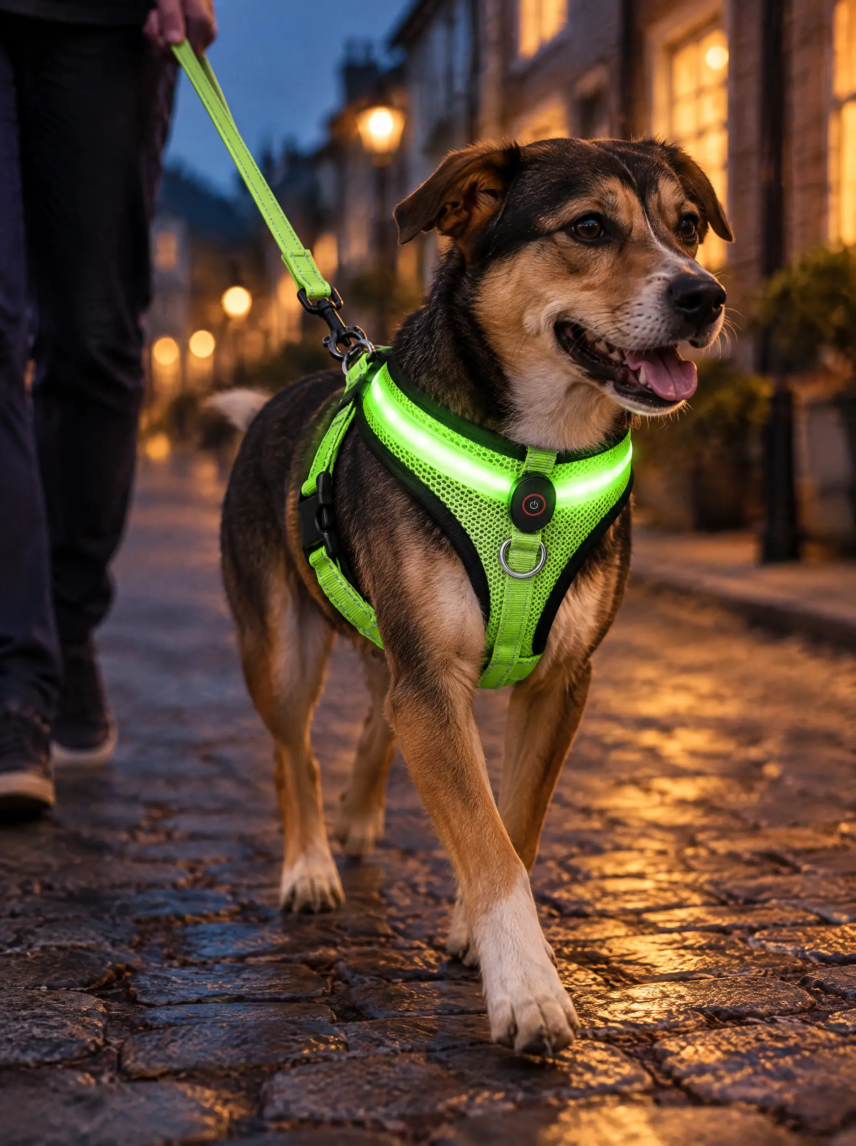 A dog in the glowing green LED harness on a cobbled street at dusk
