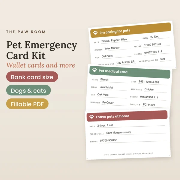 Printable pet emergency card kit by The Paw Room showing filled-in pet sitter, pet medical and home alone alert wallet cards