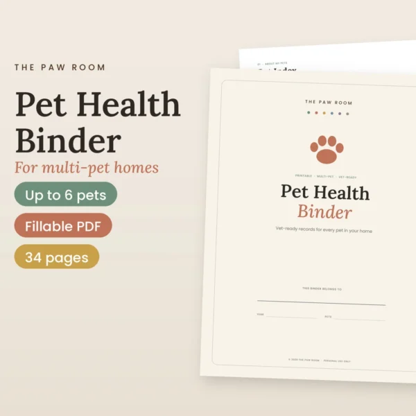 Printable pet health binder cover by The Paw Room with interior pages