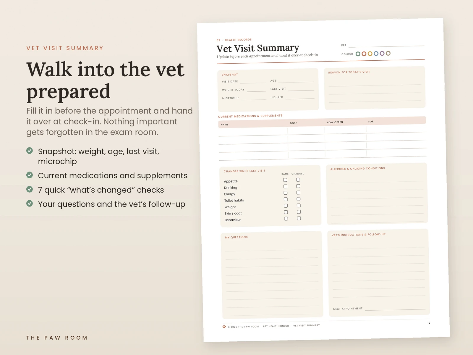 Vet visit summary page to bring to a dog or cat appointment