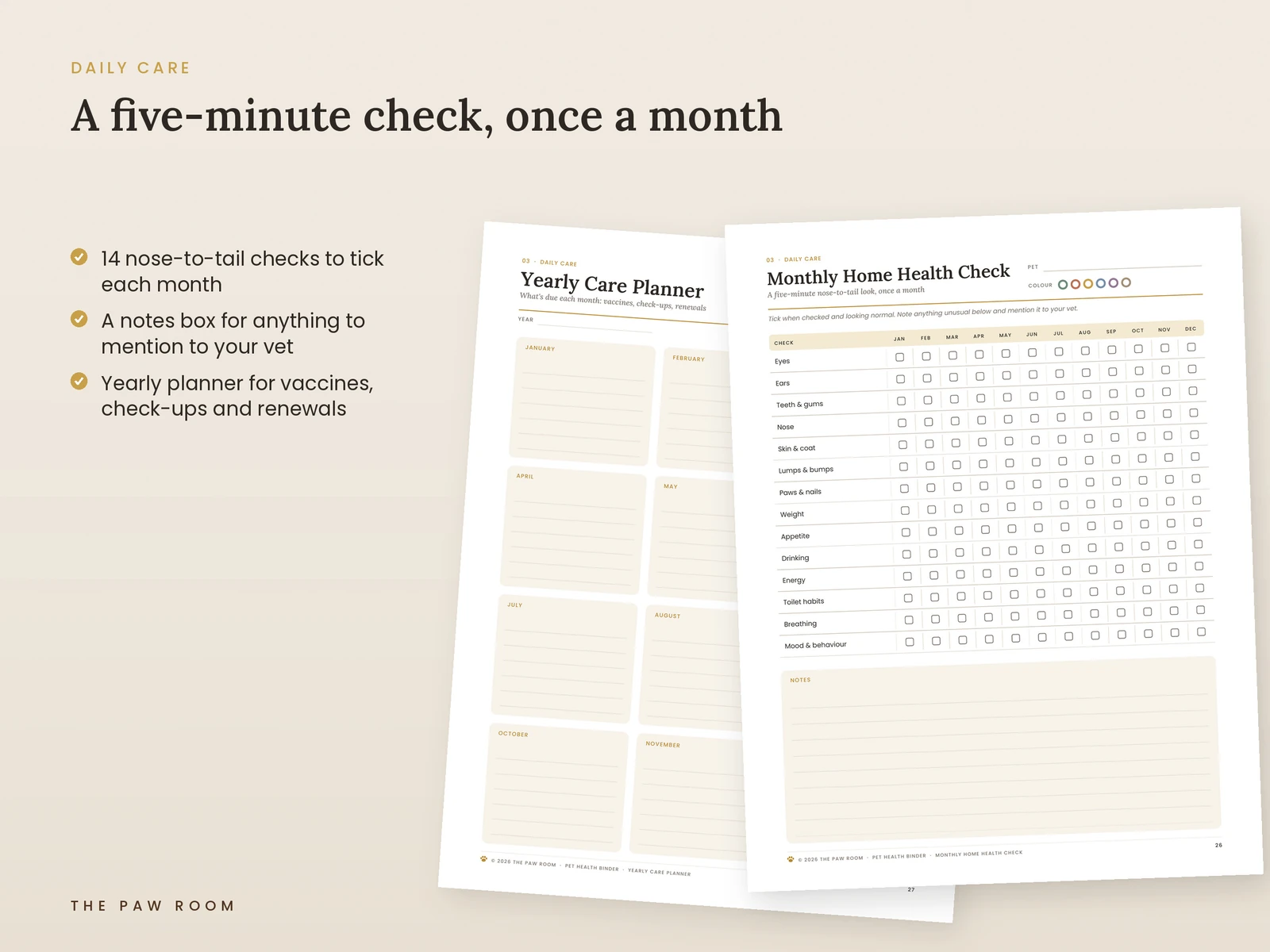 Monthly home health check and yearly pet care planner pages