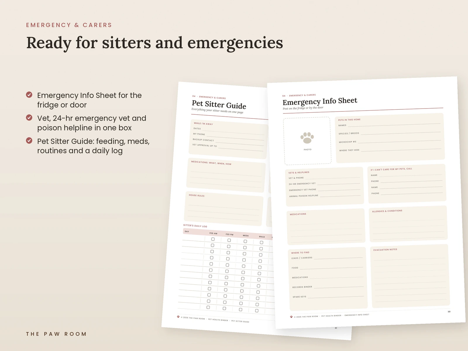 Pet emergency info sheet and pet sitter guide pages