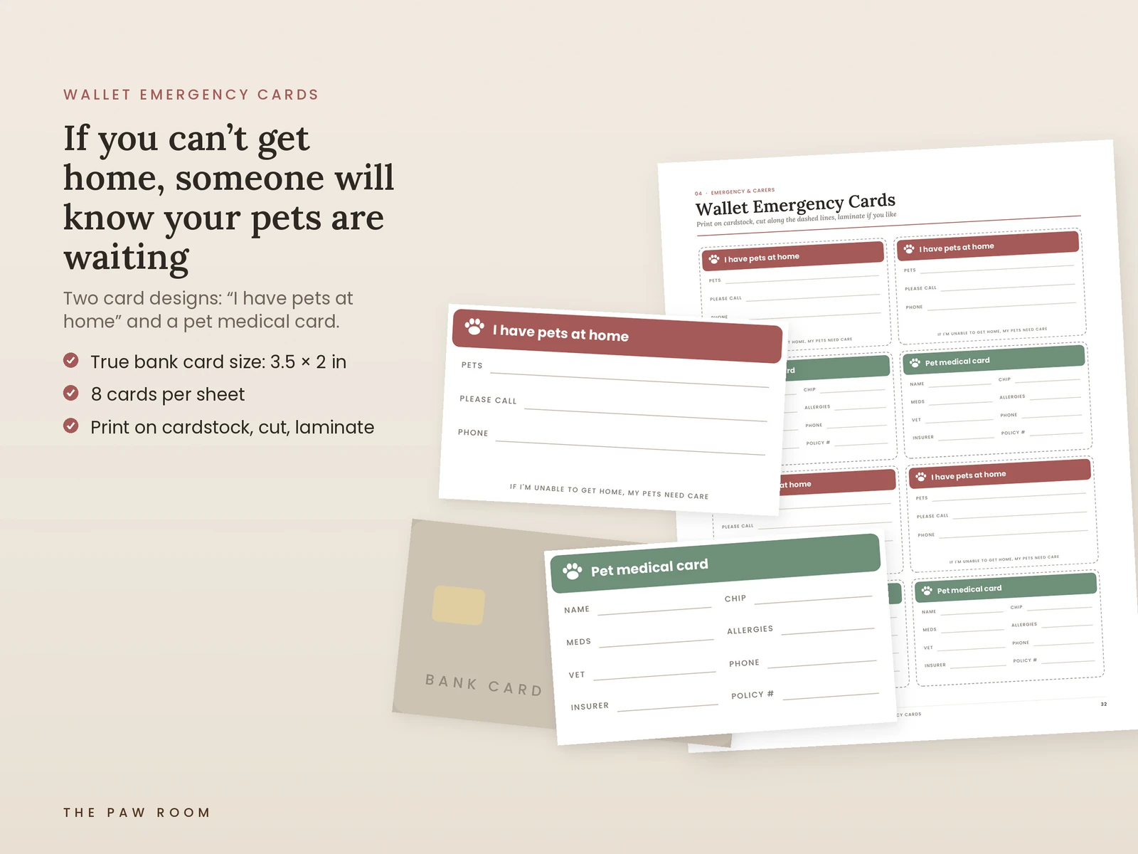 Printable wallet emergency cards for pet owners at bank card size