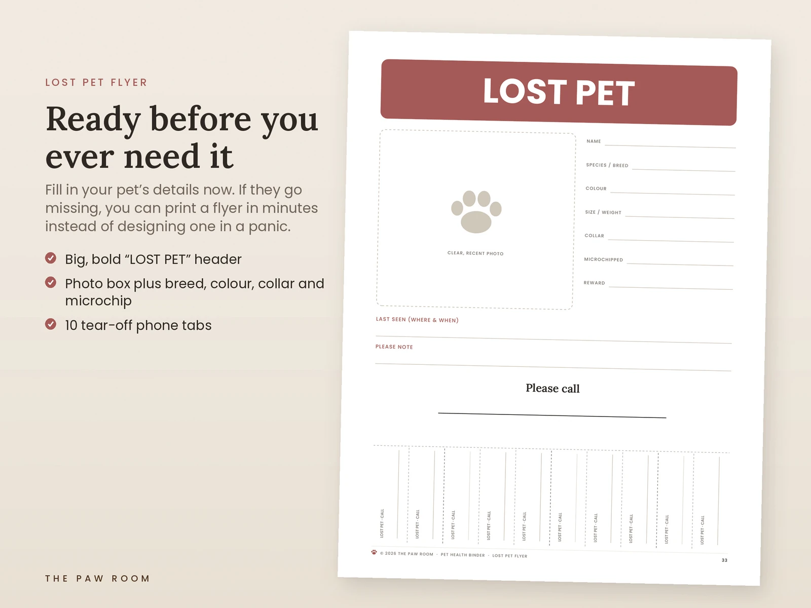 Lost pet flyer template with tear-off phone tabs