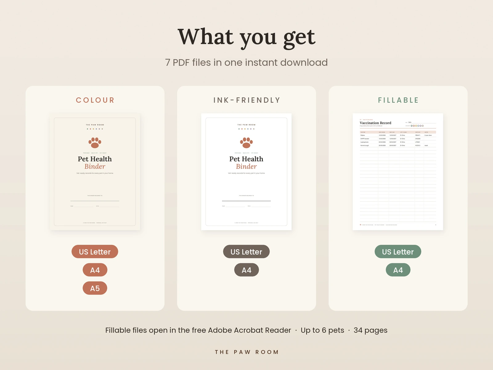 Included files: colour, ink-friendly and fillable PDFs in Letter, A4 and A5