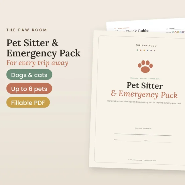 Printable pet sitter and emergency pack cover by The Paw Room with filled-in sitter guide and vet form pages behind it