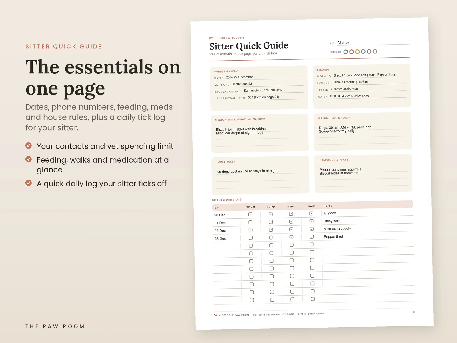 Sitter quick guide page filled in with trip dates, phone numbers, feeding, medication notes and a daily tick log