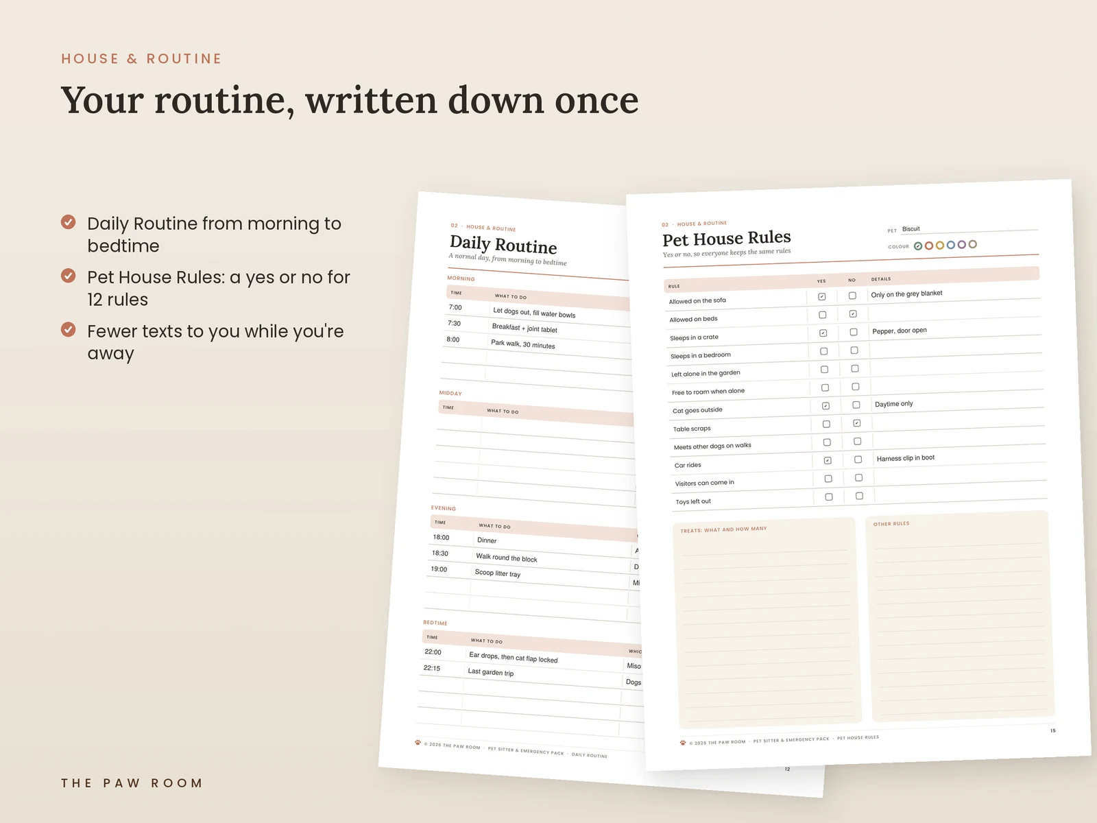 Daily routine page and pet house rules page filled in for a home with two dogs and a cat