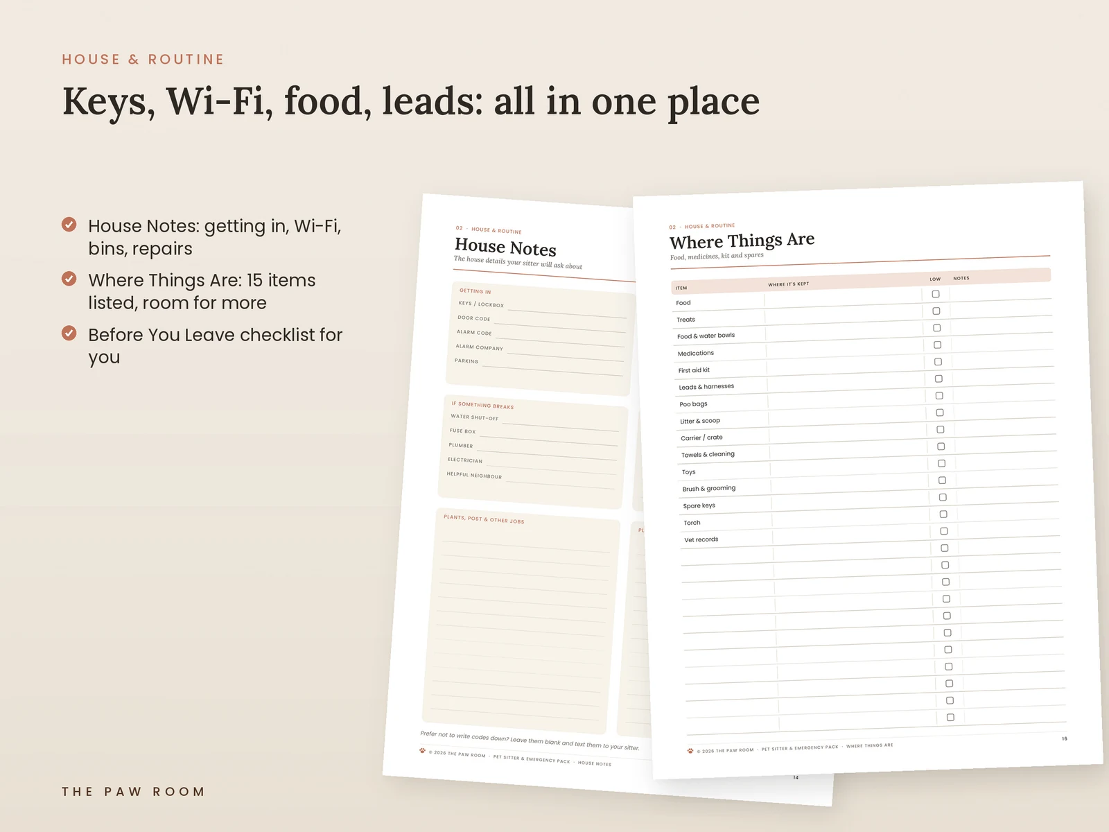 House notes page for keys, Wi-Fi and repairs, and a where things are page for pet supplies