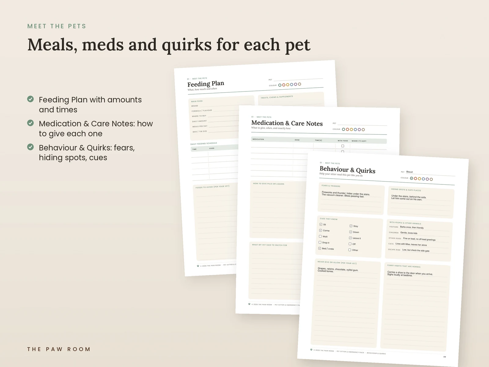 Feeding plan, medication and care notes, and behaviour and quirks pages for each pet