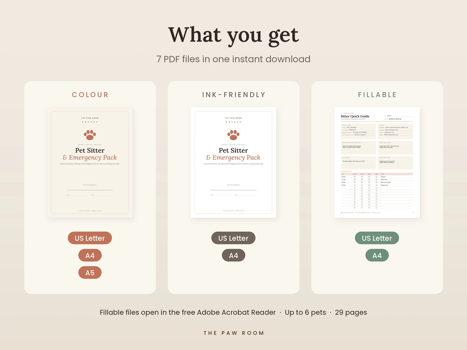 Included files: colour, ink-friendly and fillable PDFs in US Letter, A4 and A5