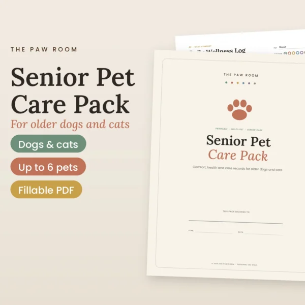 Printable senior pet care pack cover by The Paw Room with interior pages for older dogs and cats