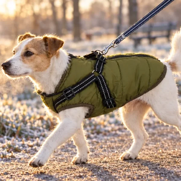 Small dog wearing the army green padded winter dog coat on a frosty morning walk