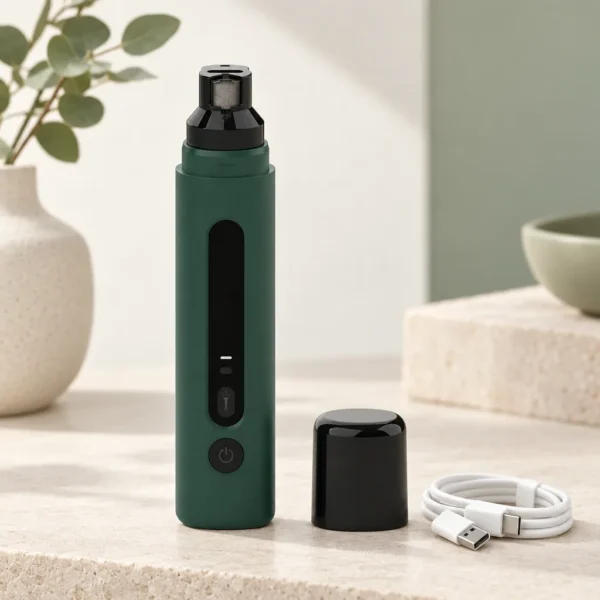 Dark green dog nail grinder with its cap and USB charging cable on a stone surface
