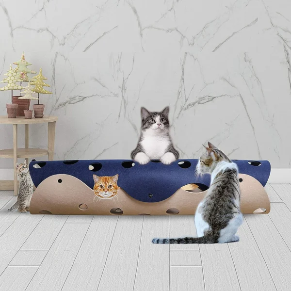 Felt cat play tunnel with peepholes, with two cats playing