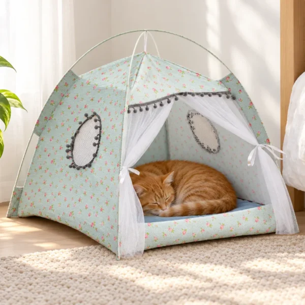 Ginger cat asleep inside the light green cat tent bed with cushion in a bright bedroom