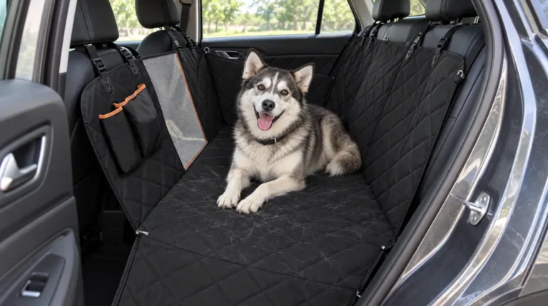 Husky sitting on a black hammock dog car seat cover with a mesh window on the back seat