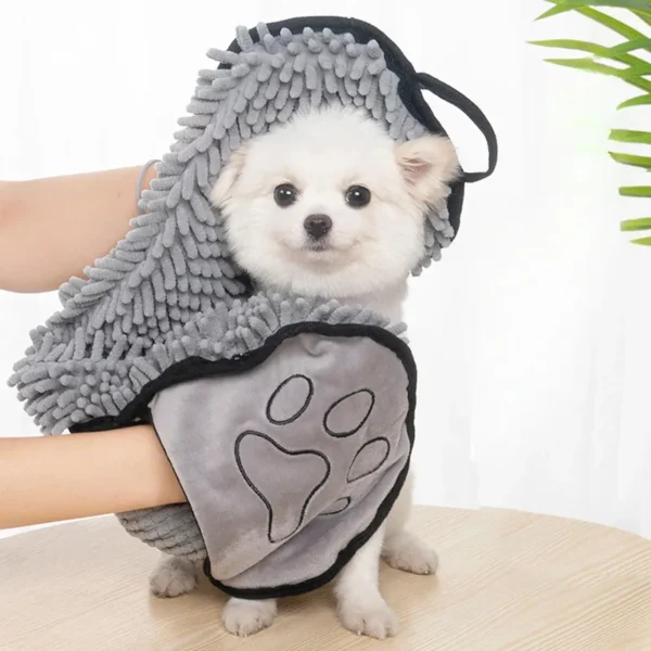Microfibre dog drying towel with hand pockets, grey, drying a small dog