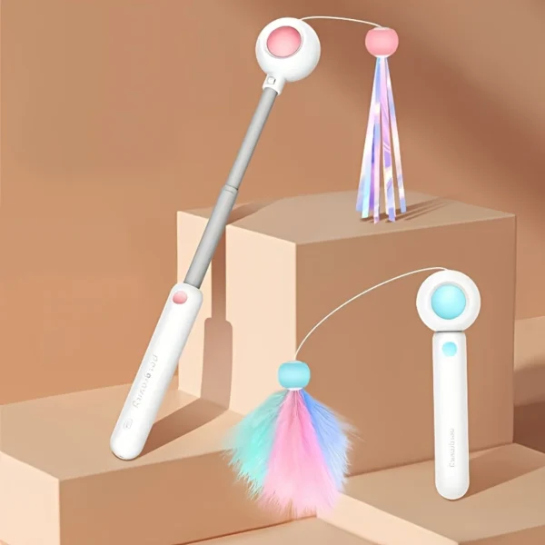 Retractable feather cat wand with feather and tassel heads