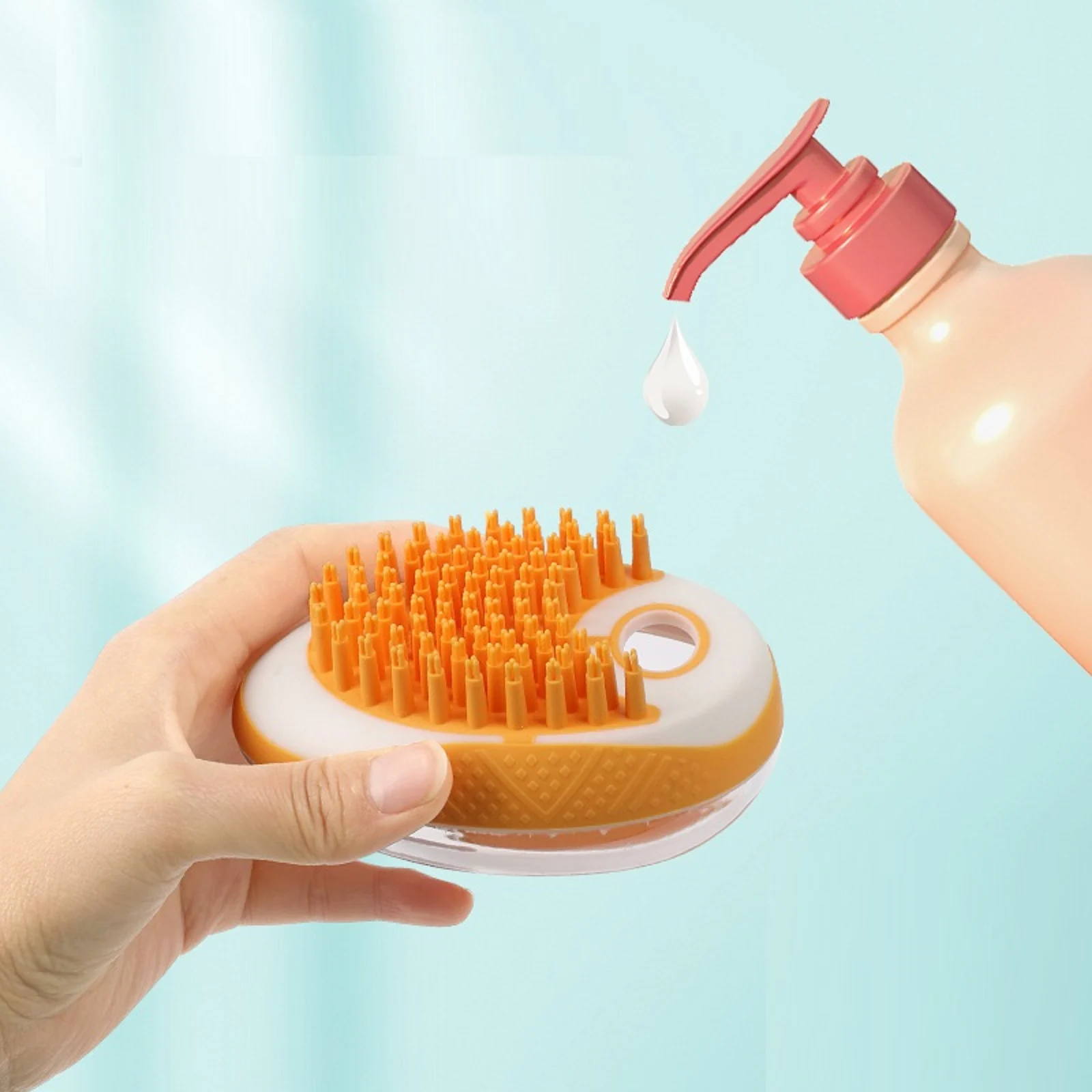 Silicone dog bath brush with shampoo chamber, filled with shampoo
