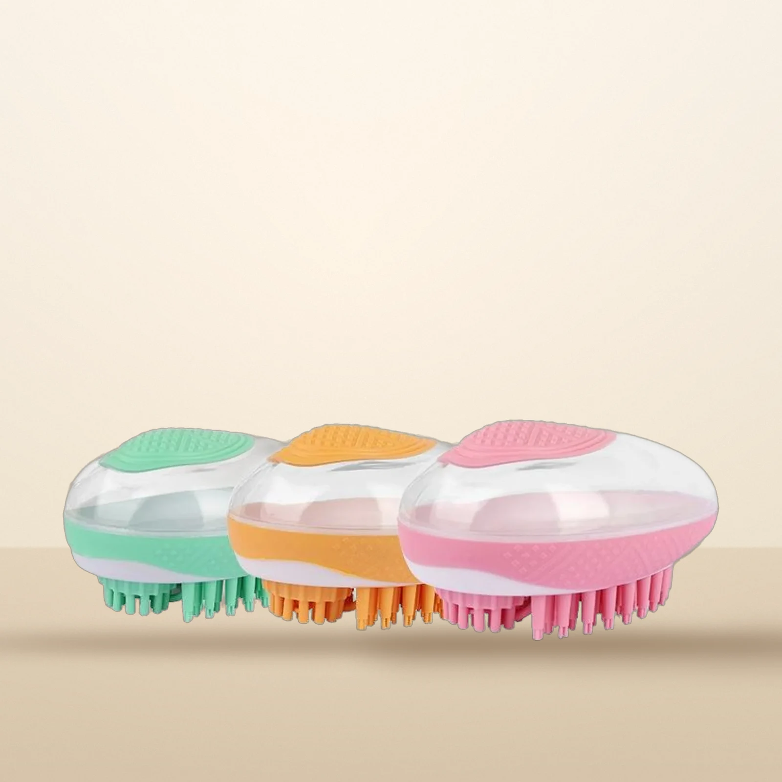 Dog bath brush with shampoo chamber in green, orange and pink