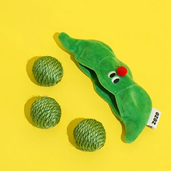 Three sisal cat toy balls with a plush pea pod