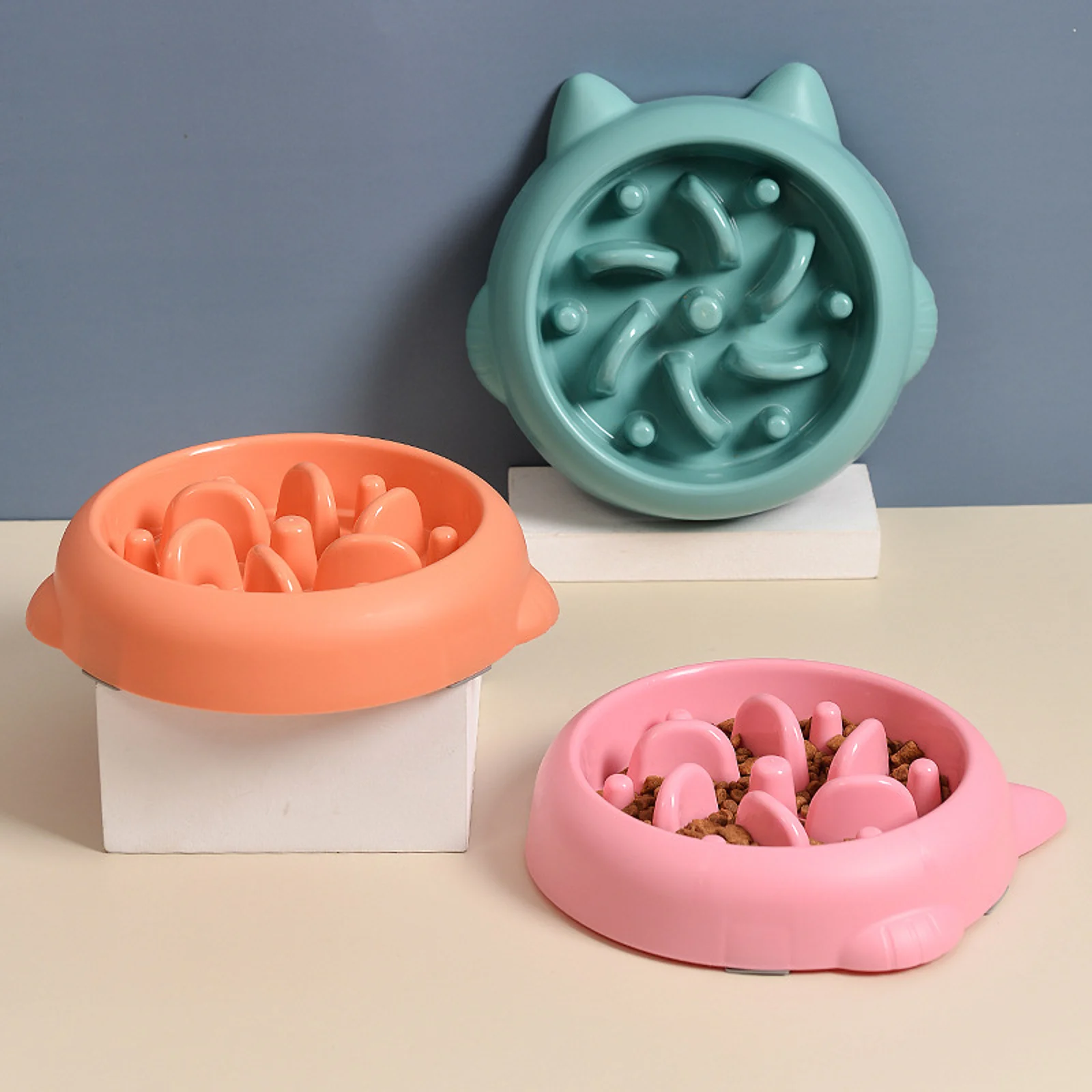 Slow feeder dog bowl, in green, orange and pink