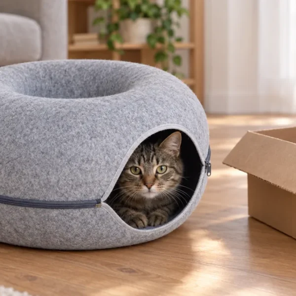 Tabby cat peeking out of a light gray felt donut cat cave next to an empty cardboard box