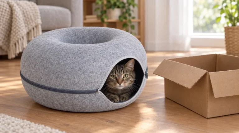 Tabby cat peeking out of a light gray felt donut cat cave next to an empty cardboard box